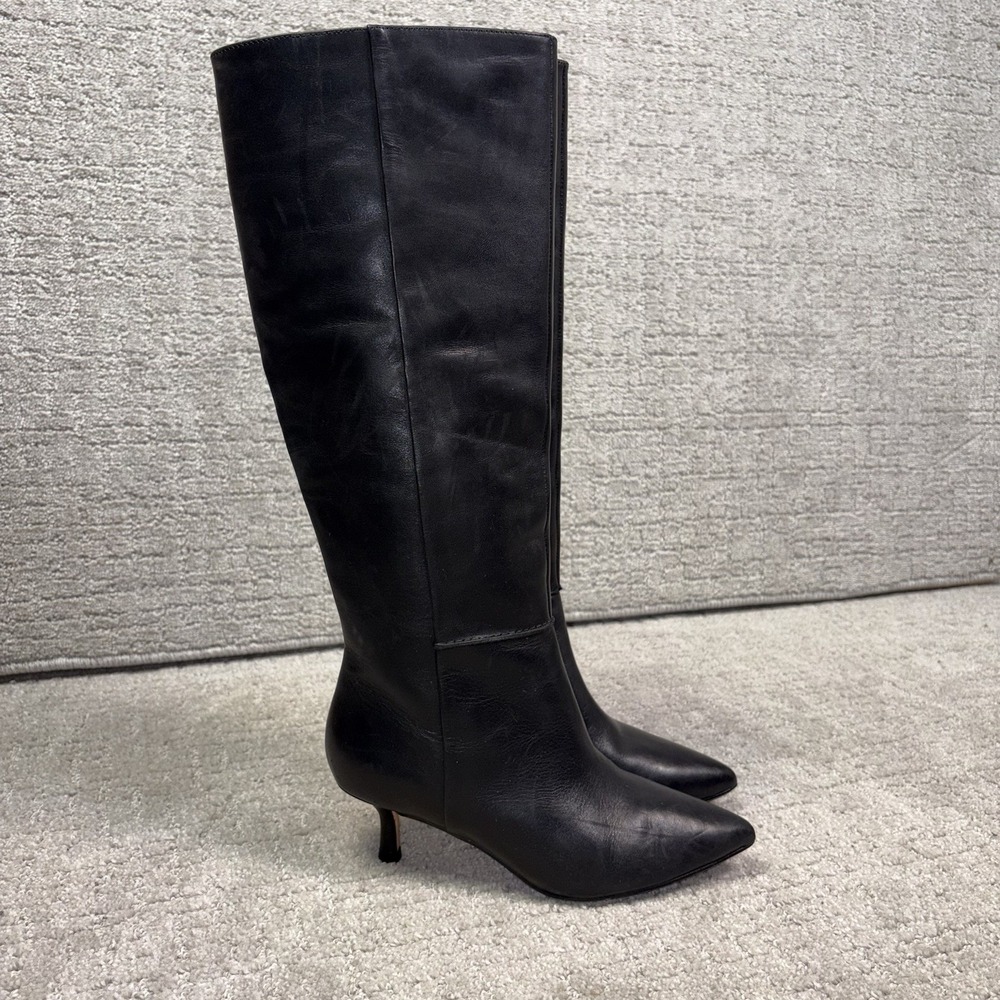 Clarks Violet 55 Hi Black Leather Pointed Toe Knee High Boots Sz 6 M Kitten Heel